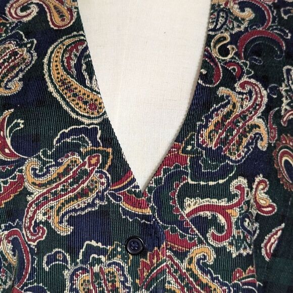 Talbot's Vintage Green and Blue Paisley and Plaid Corduroy Tailored Vest - Picture 5 of 8